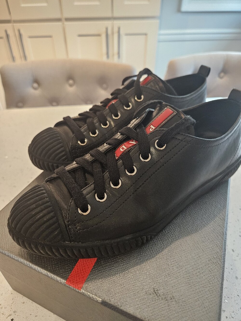 Prada Women Black Leather Sneakers with Red Logo Tongue - Picture 5 of 8